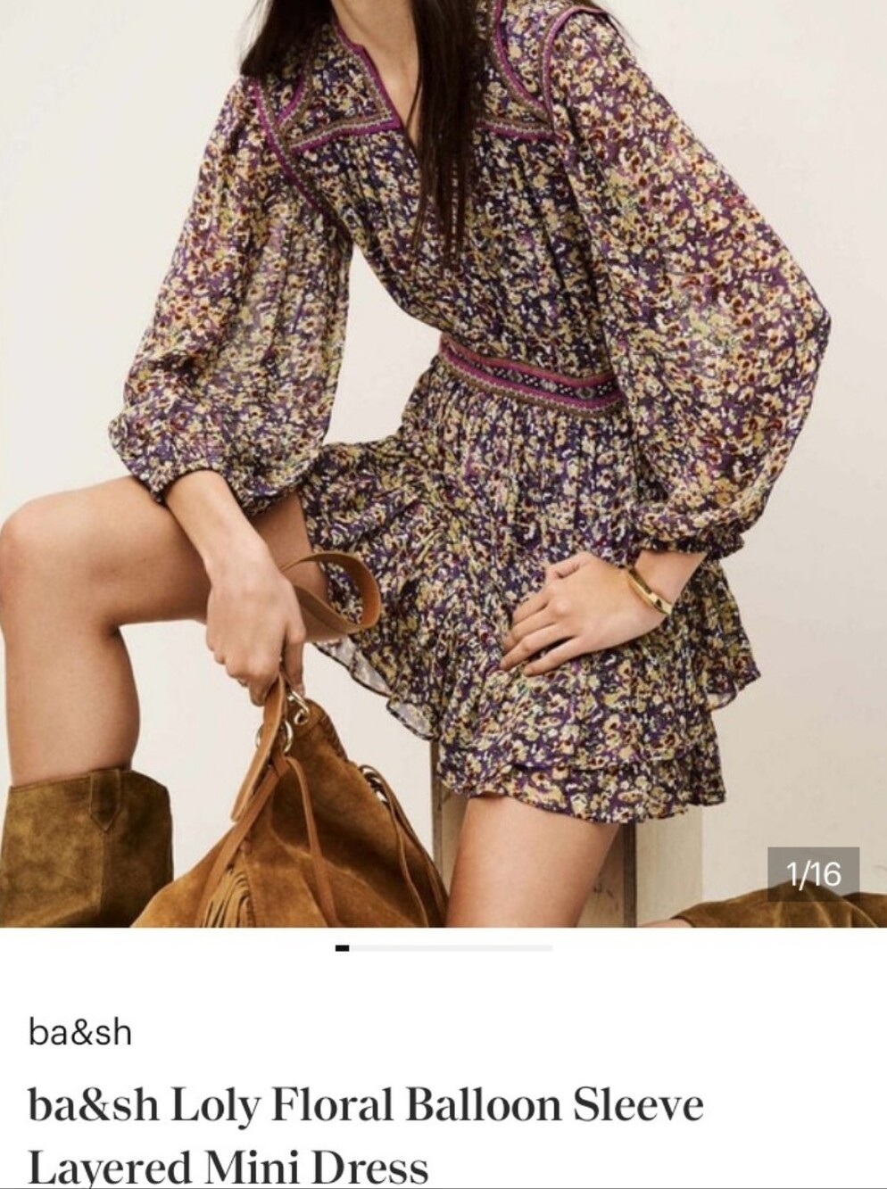 ba&sh Lily Purple Floral Balloon-Sleeve Layered Mini Dress M 2 NWT Chest 34"